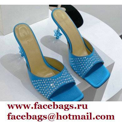 Mach & Mach Star Heel 8.5cm Crystal Embellished Mules Satin Light Blue 2022 - Click Image to Close